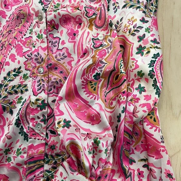 Zara Pink Paisley Print Satin Button Front Collared Shirt, sz L - Picture 7 of 13